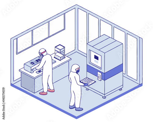 Vector of a cleanroom pharmaceutical factory with workers and lab equipment, isolated on white background.
