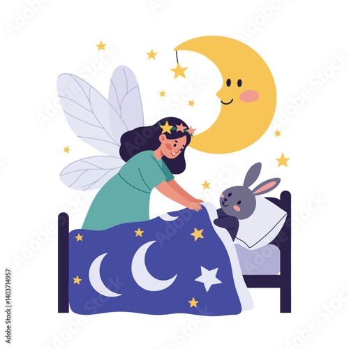 Fairy Tucking in Bunny with Stars and Moon in Flat Vector Illustration