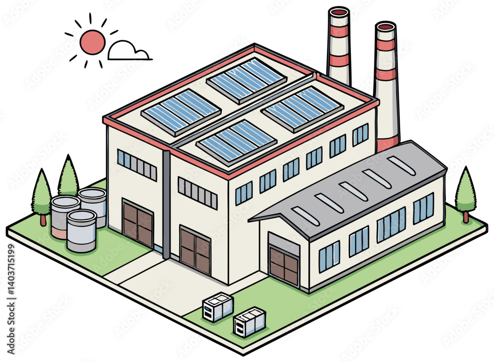 Fototapeta premium Vector illustration of a factory using solar panels for energy production, isolated on white background.