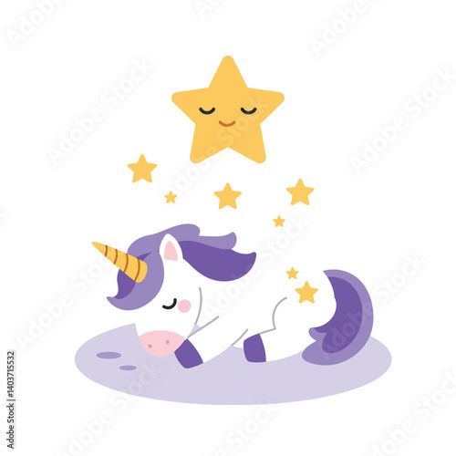 Sleeping unicorn surrounded by stars in flat and colorful vector art