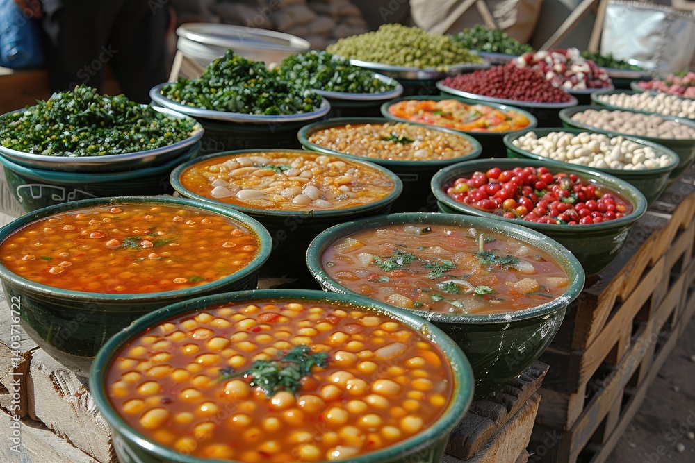 Fototapeta premium Colorful Bowls Of Stewed Beans And Vegetables At Market