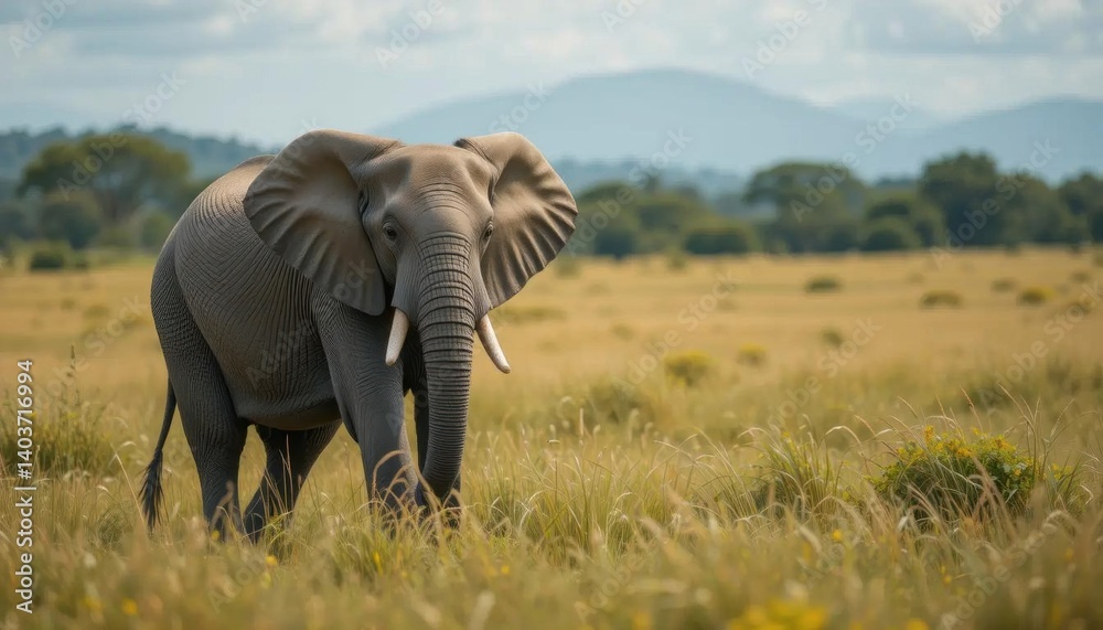 Fototapeta premium African Elephant in Golden Savanna Grassland, Majestic Profile