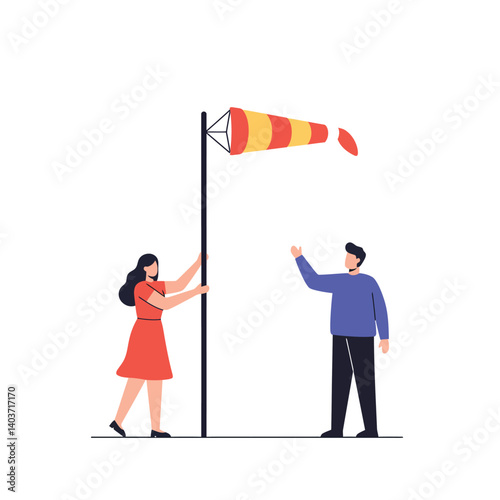 Two people interacting with a windsock in flat vector art style vector illustration
