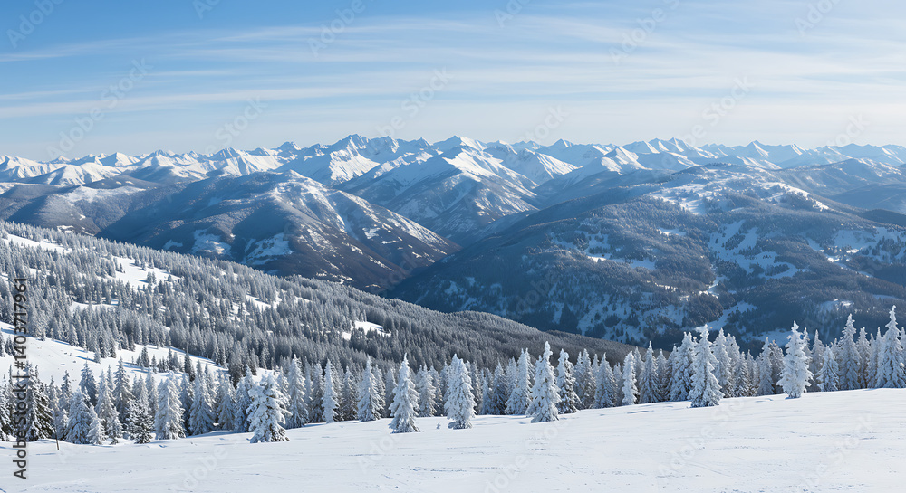 Fototapeta premium Winter's Embrace: A Crystal Panorama AI Generated