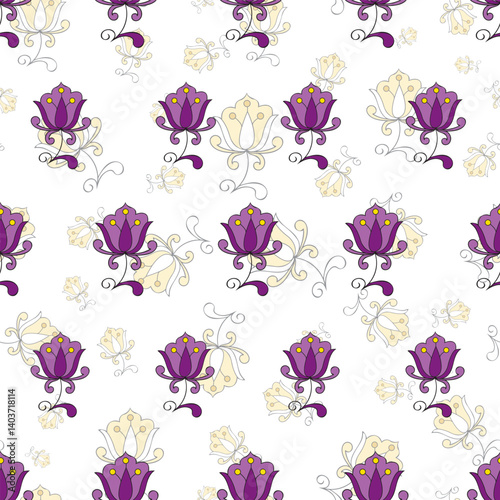 seamless repeat pattern with beautiful purple flowers on a floral textures background perfect for fabric, scrap booking, wallpaper, gift wrap projects