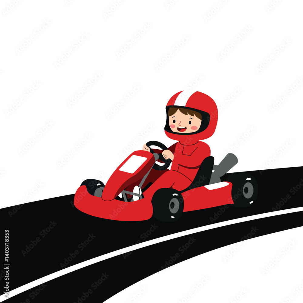 Child racing go-kart in red uniform on curved track, flat vector illustration Child racing go-kart in red uniform on curved track, flat vector illustration