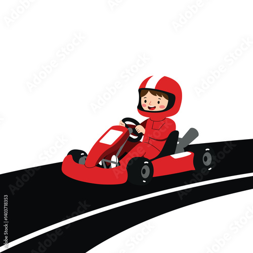 Child racing go-kart in red uniform on curved track, flat vector illustration