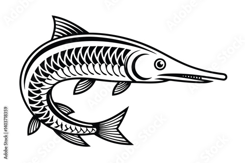 Silhouette of a gar fish isolated on a white background