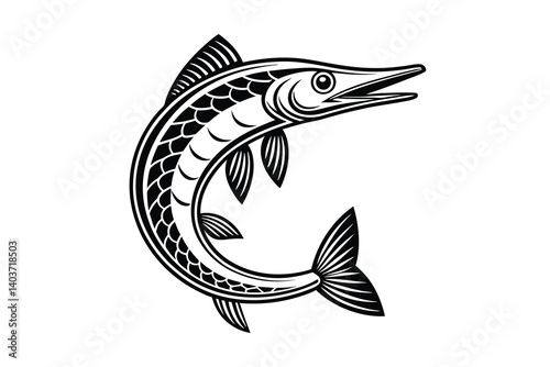 Silhouette of a gar fish isolated on a white background