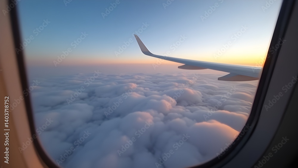 Obraz premium View from the plane window. Airplane Window View of Clouds and Sunrise Sky