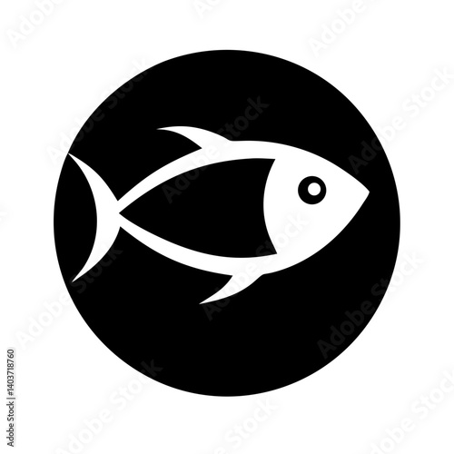 Simple Fish Icon: A clean, minimalist illustration of a fish within a black circle. Emphasizing simplicity and design, it is perfect for various applications.