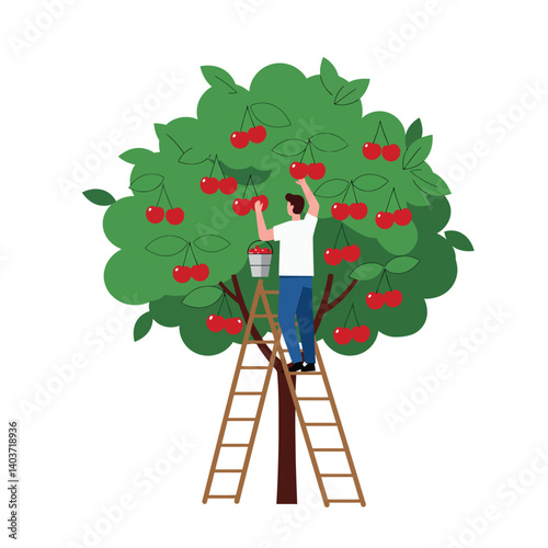 Man picking cherries from a tree in a flat minimal vector art style