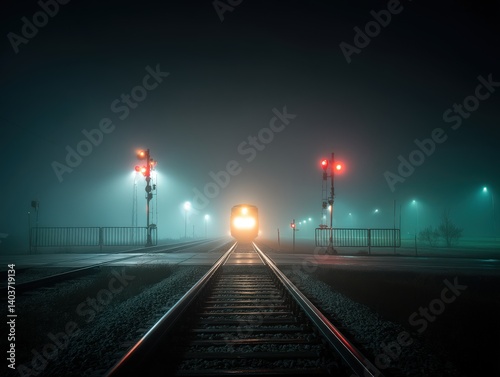 Foggy Train Tracks at Night with Distant Train Headlight Glow