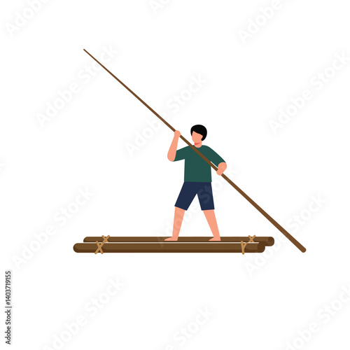 Young boy standing on a raft holding a spear in flat vector art