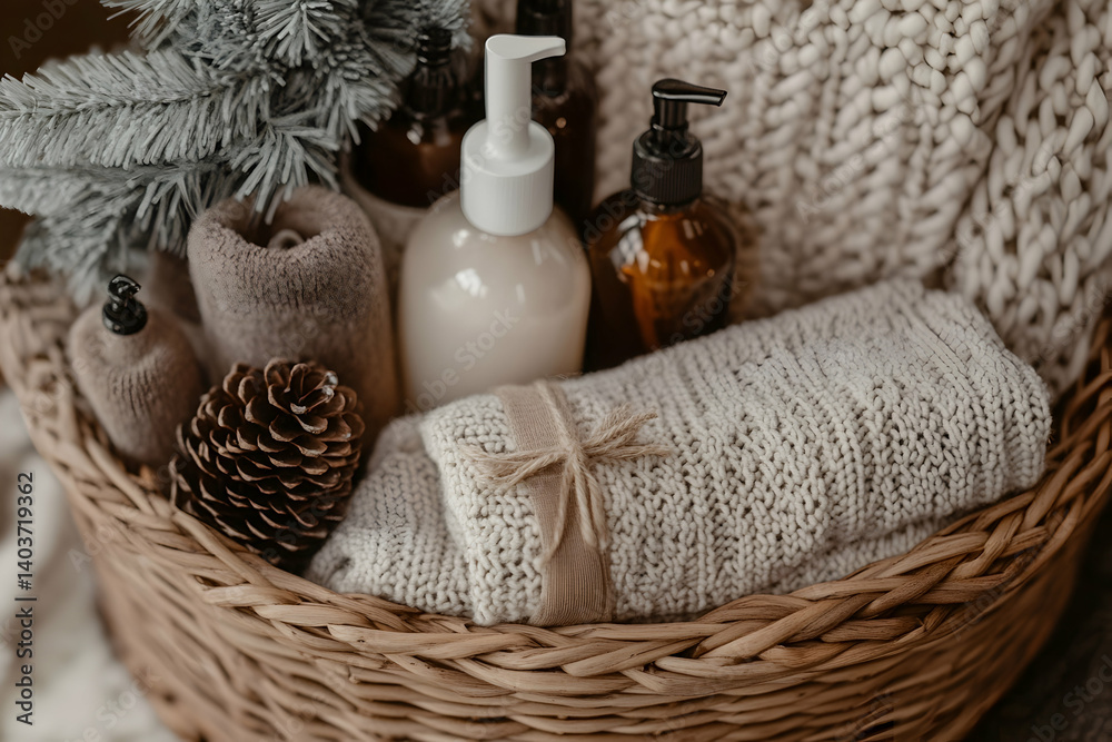 Wicker basket filled with gifts, spa items, and linens in neutral tones Wicker basket filled with gifts, spa items, and linens in neutral tones