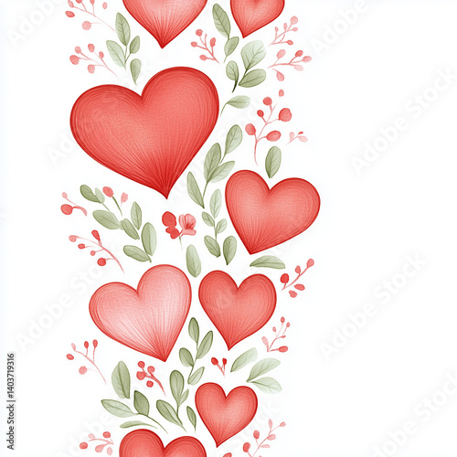 Watercolor illustration of hearts and leaves, soft red and green tones, romantic celebration with copy space