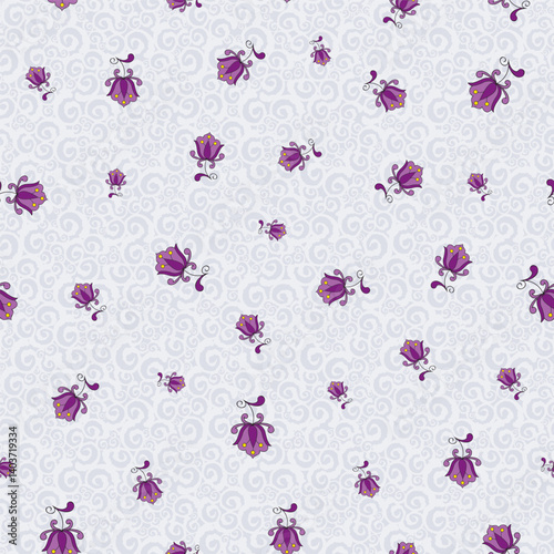 seamless repeat pattern with beautiful purple floral motifs on a grey spiral textured background perfect for fabric, scrap booking, wallpaper, gift wrap projects