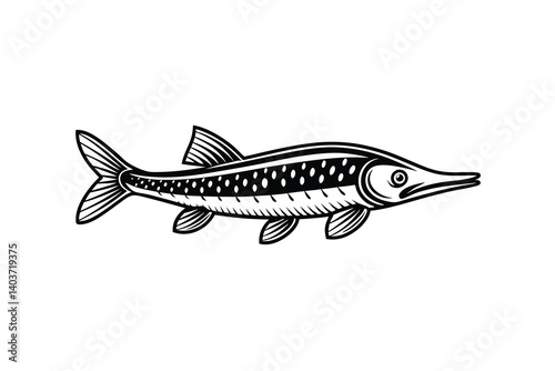 Silhouette of a gar fish isolated on a white background