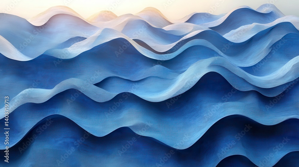 Blue, wavy, fabric layers cascading in an abstract sea. Soft light glows above Blue, wavy, fabric layers cascading in an abstract sea. Soft light glows above