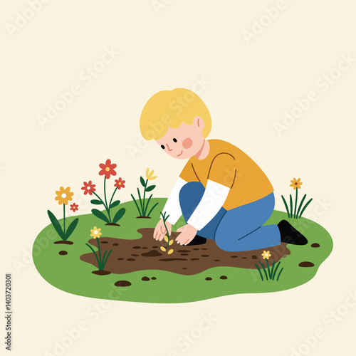 Child gardening with flowers in flat and colorful style vector art