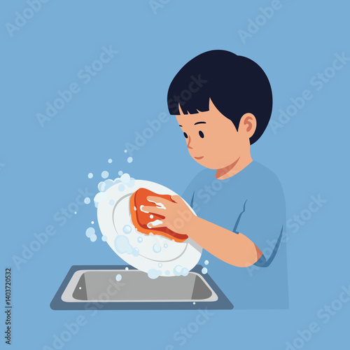 Young boy washing dishes with soap bubbles in flat vector art