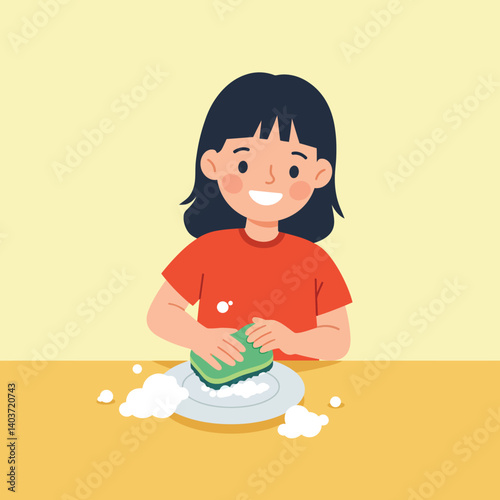 Girl washing dishes with sponge in minimal flat design vector illustration