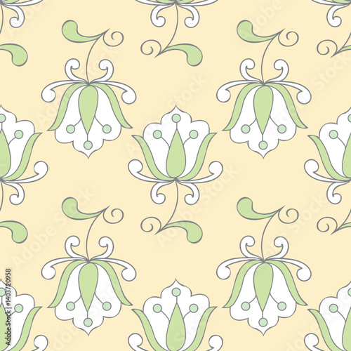 seamless repeat pattern with beautiful white and green floral motifs on a light yellow background perfect for fabric, scrap booking, wallpaper, gift wrap projects