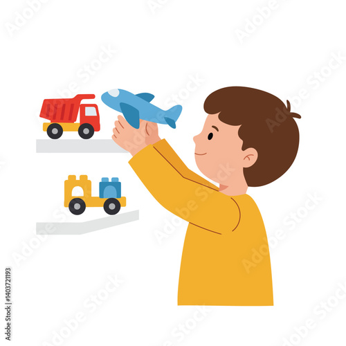 Boy playing with toy airplane and truck in colorful flat vector art illustration