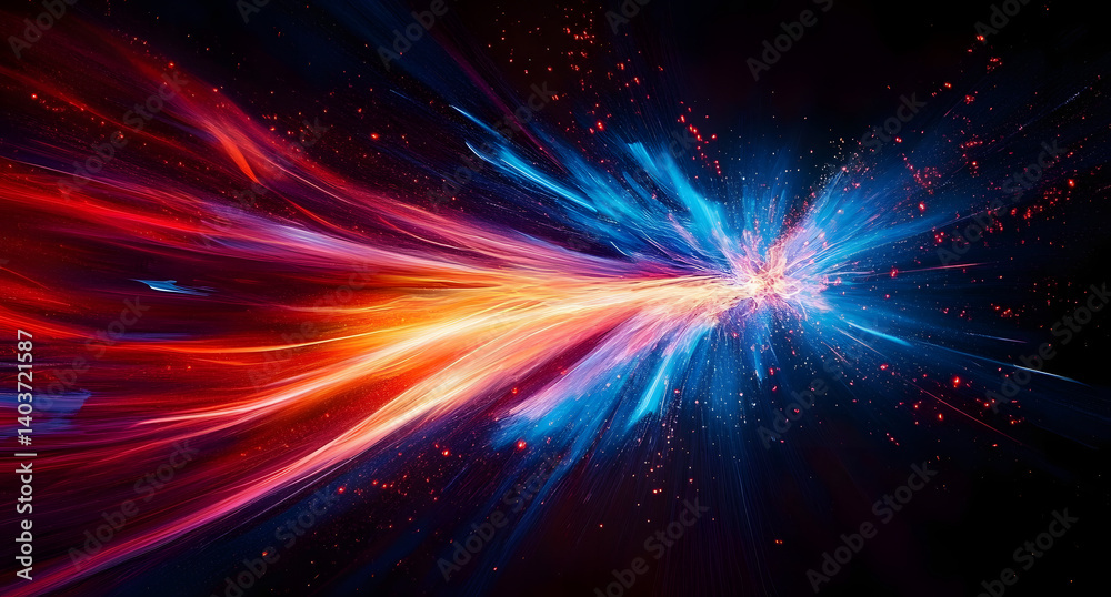 Abstract image features dynamic streaks of vibrant blue and red light emanating from a central point, creating a sense of speed and energetic burst against a dark backdrop. Abstract image features dynamic streaks of vibrant blue and red light emanating from a central point, creating a sense of speed and energetic burst against a dark backdrop.