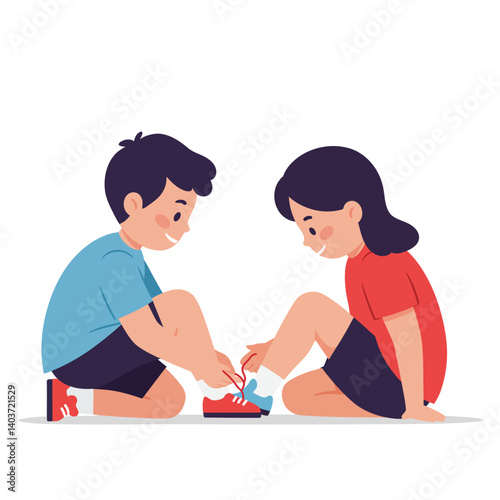 Two children helping each other tie shoelaces in flat vector art