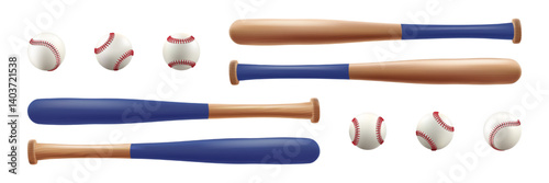Basebal wooden bat and leather glove. 3d ball vector with line of red lace stiches. Vintage sport game mockup. Wood stick tool, pitcher white softball realistic seams. Brown mitt major team emblem