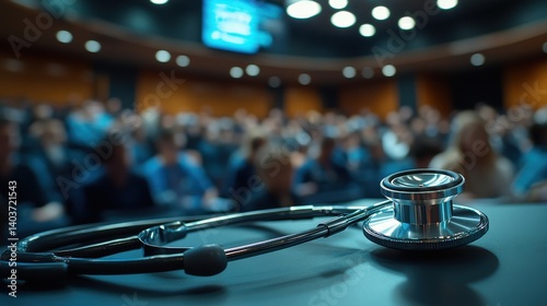 Stethoscope resting on table amid medical conference setting.