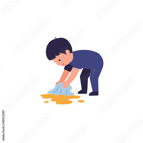 Child cleaning up a spill in a flat and colorful vector illustration