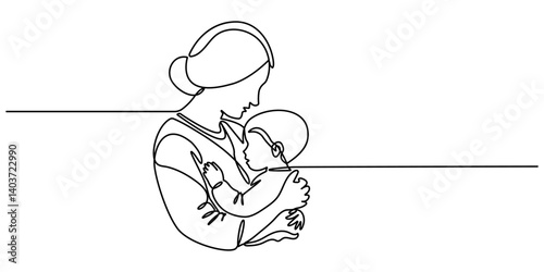 Happy Mother’s Day continuous line drawing of Mom playing with her baby. Mother and baby line art vector illustration. women holding her baby motherhood concept. 