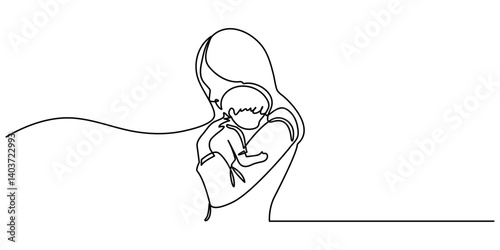 Happy Mother’s Day continuous line drawing of Mom playing with her baby. Mother and baby line art vector illustration. women holding her baby motherhood concept. 