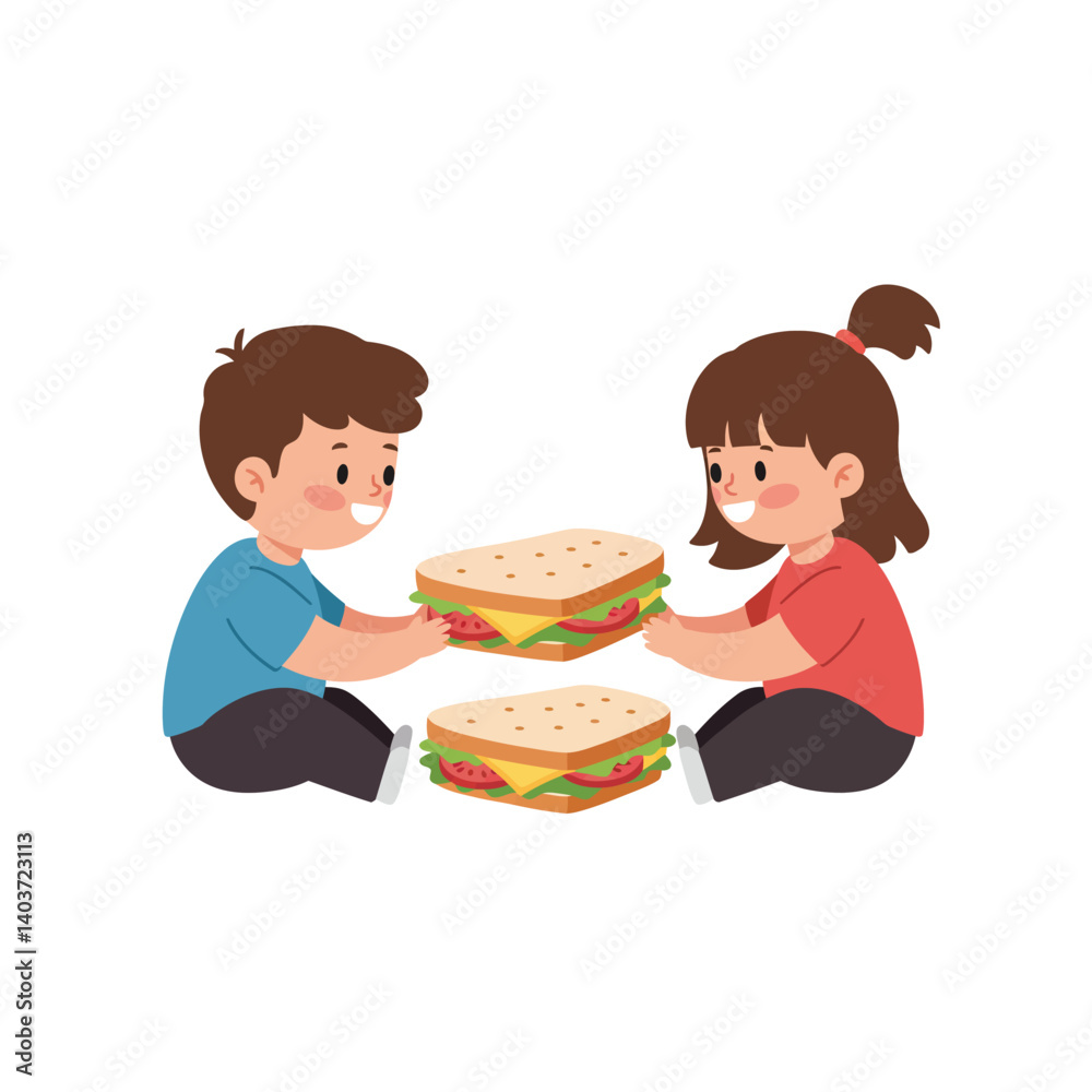 Children sharing large sandwiches in a playful manner, flat vector art illustration Children sharing large sandwiches in a playful manner, flat vector art illustration