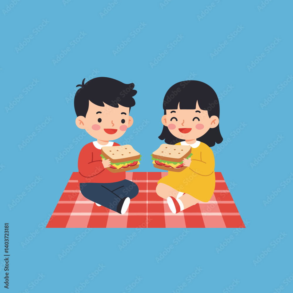 Happy children enjoying sandwiches on a picnic blanket in flat vector art Happy children enjoying sandwiches on a picnic blanket in flat vector art