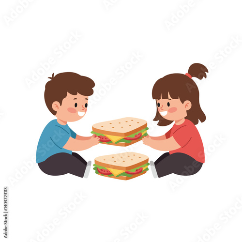 Children sharing large sandwiches in a playful manner, flat vector art illustration