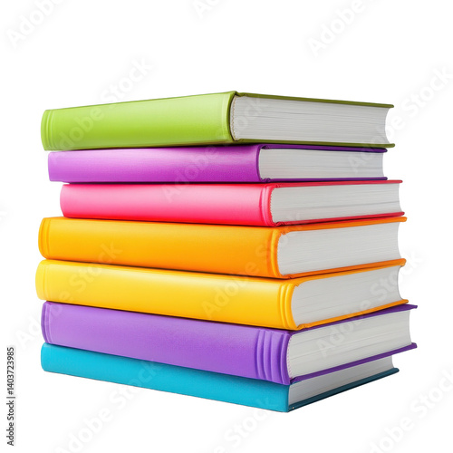 Colorful stack of books in bright hues isolated on Transparent background showcasing various sizes and textures, Stack colorful books of varying sizes isolated on White background