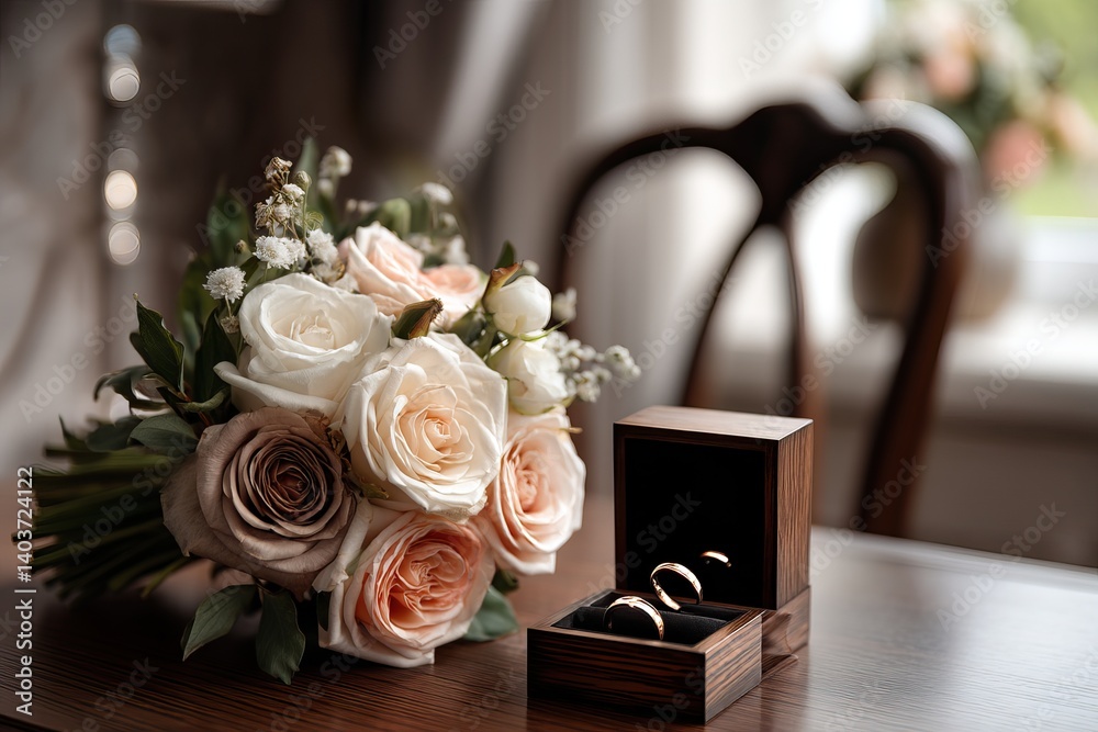 Obraz premium Wedding rings in a wooden box and a bouquet with roses. AI generated image