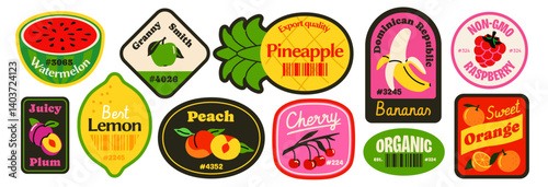 Retro Fruit Sticker Set. Fruit barcode labels for supermarkets and farm shops. Trendy badges with lemon, peach, banana and pineapple. Flat vector illustration collection isolated on background