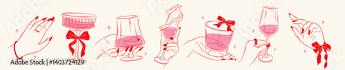 Set of elegant female hands holding glasses with cocktails. Doodle icons of alcoholic drinks decorated with cute pink bows. Feminine party aesthetics. Outline vector illustration collection