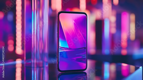 Smartphone display under vibrant neon lights