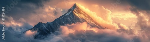 Majestic snow-capped mountain peak rises above a sea of clouds at sunset, bathed in golden light.