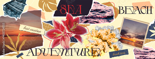 Summer Retro Collage. Vintage banner with photos of sea, beaches, tropical flowers, corals and shells. Design element for scrapbooking. Vacation, Travel and Adventure. Abstract vector illustration
