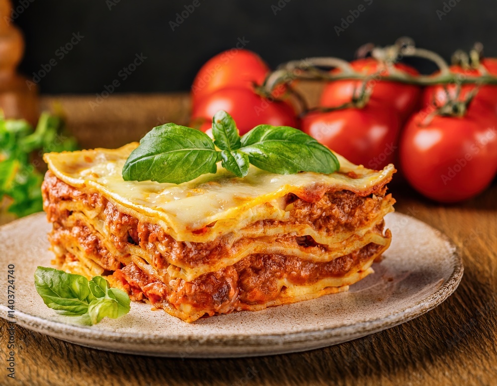 Delicious homemade lasagna with fresh basil and tomatoes on rustic table