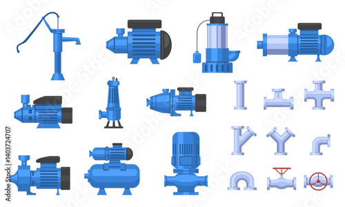 Water pumps set. Stickers with various pumps and pipes for pumping liquid out of well. Technical equipment for water stations. Flat vector illustration collection isolated on background