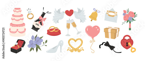 Wedding stickers set. Romantic icons with cake, engagement rings, ceremony invitations, brides bouquet and white doves. Love and Marriage. Flat vector illustration collection isolated on background