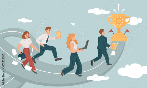 Business competition. Male and female entrepreneurs compete with each other and run towards golden cup as symbol of achieving goals. Opportunities or pursuit of success. Flat vector illustration