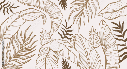 Luxury organic background. Banner with exotic plants, tropical fern leaves and branch silhouettes. Natural design element for print and social media. Elegant outline vector illustration